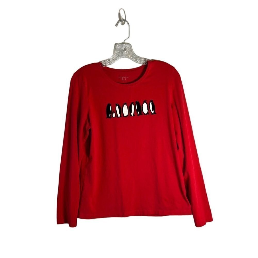 Liz Claiborne Women's Size Large Red Long Sleeve Tee with Penguins